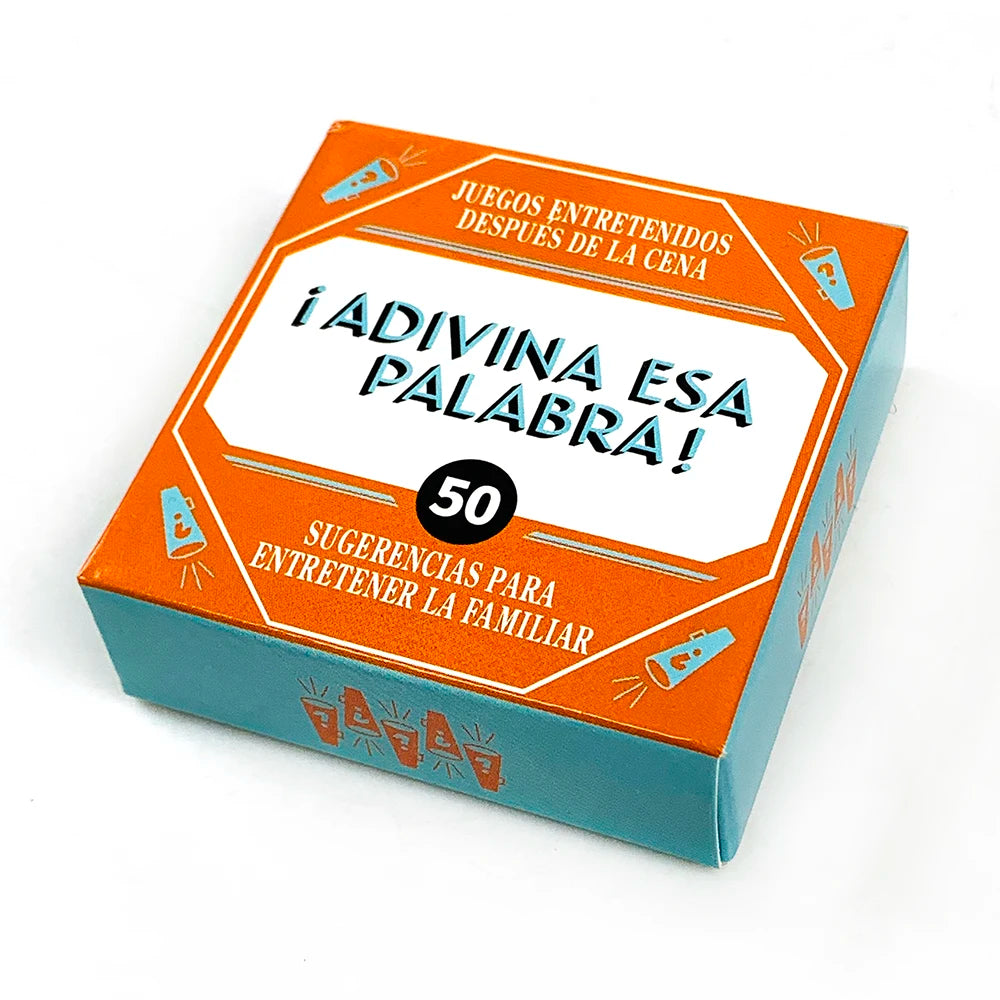 Box of a Spanish language game titled ¡Adivina esa palabra! for family entertainment.