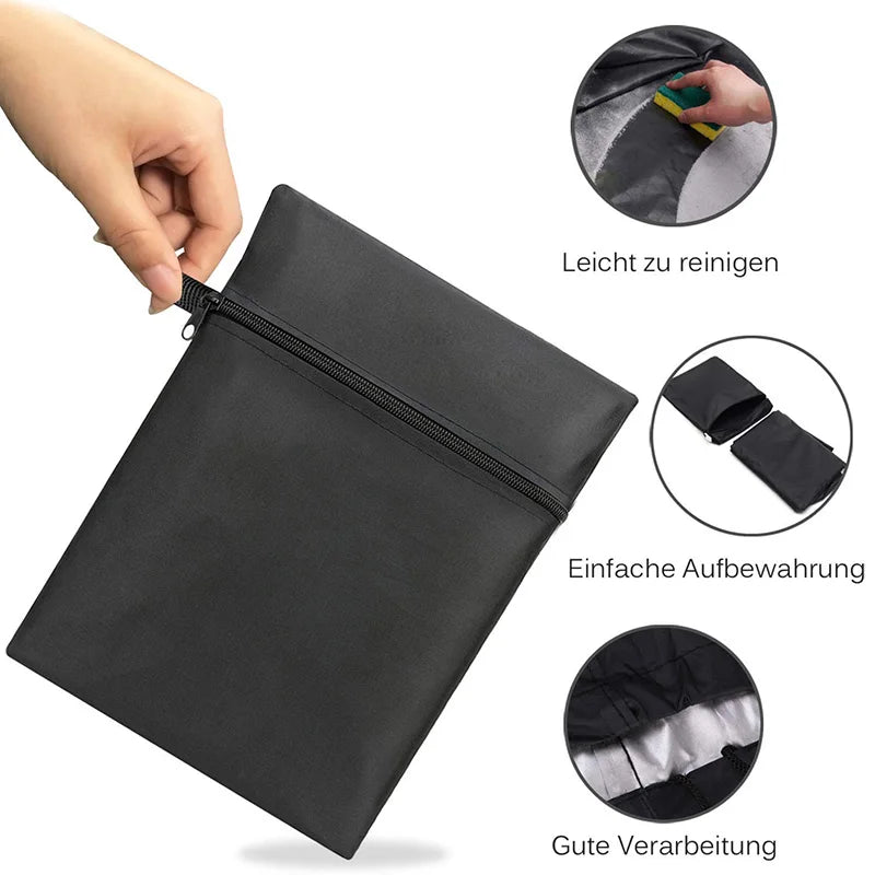 Black heavy-duty waterproof BBQ grill cover shown with features for easy cleaning, storage, and processing.
