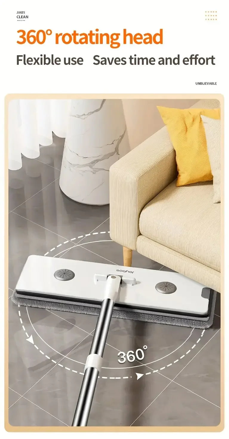 A white flat mop and bucket set with a silver handle is shown cleaning a floor in a living room setting.