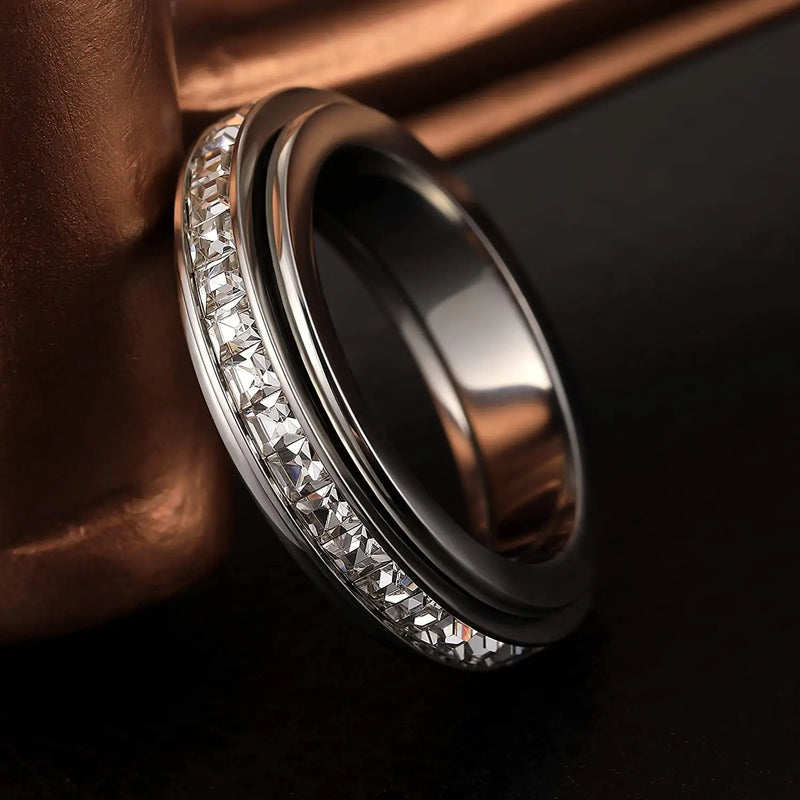 Titanium Steel Spinner Fidget Ring with Cubic Zirconia