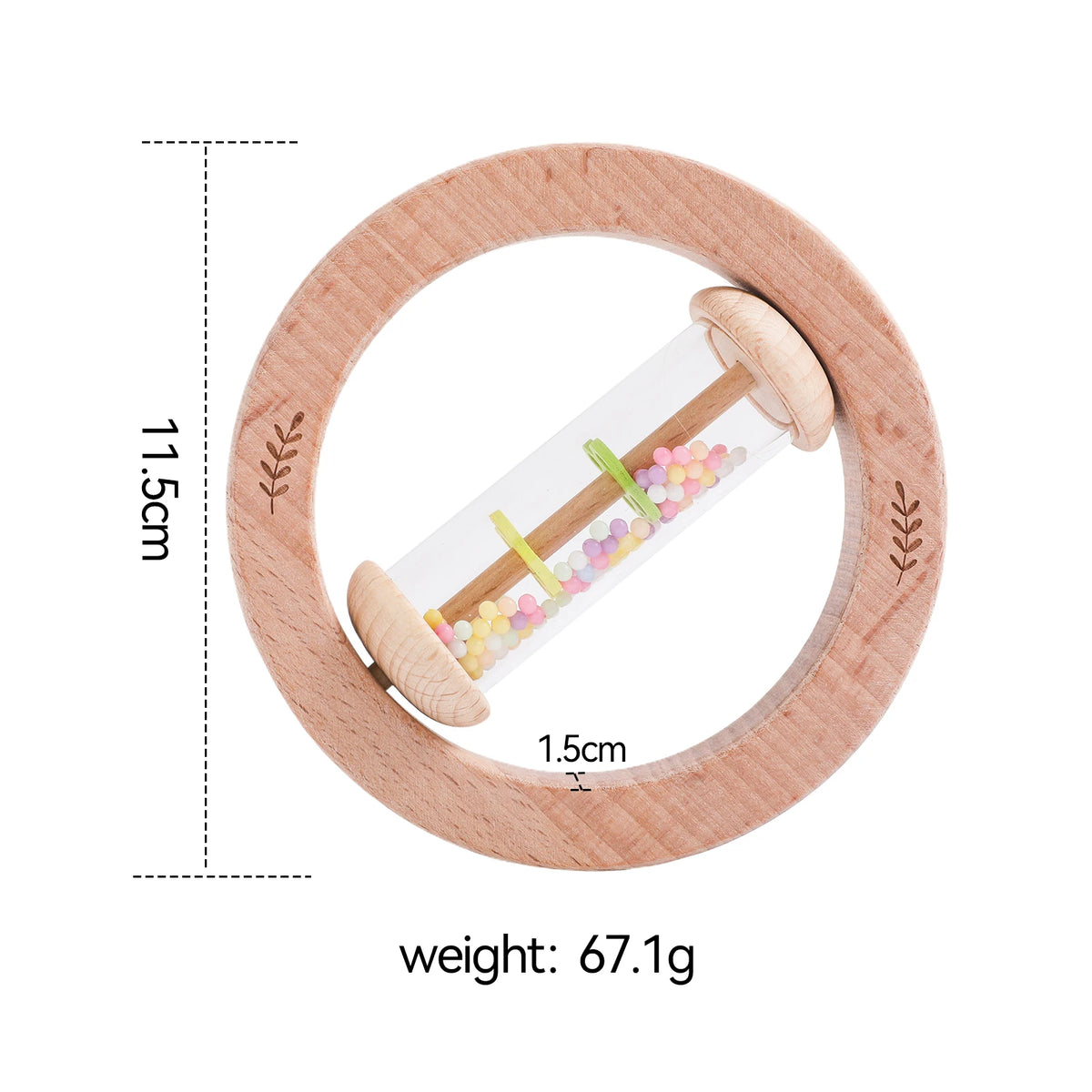 A wooden rain rattle toy with a clear tube filled with colorful beads, shown inside a circular wooden frame.