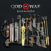 A collection of metal swords and knives, including a large blade and various smaller weapons, displayed against a black backg