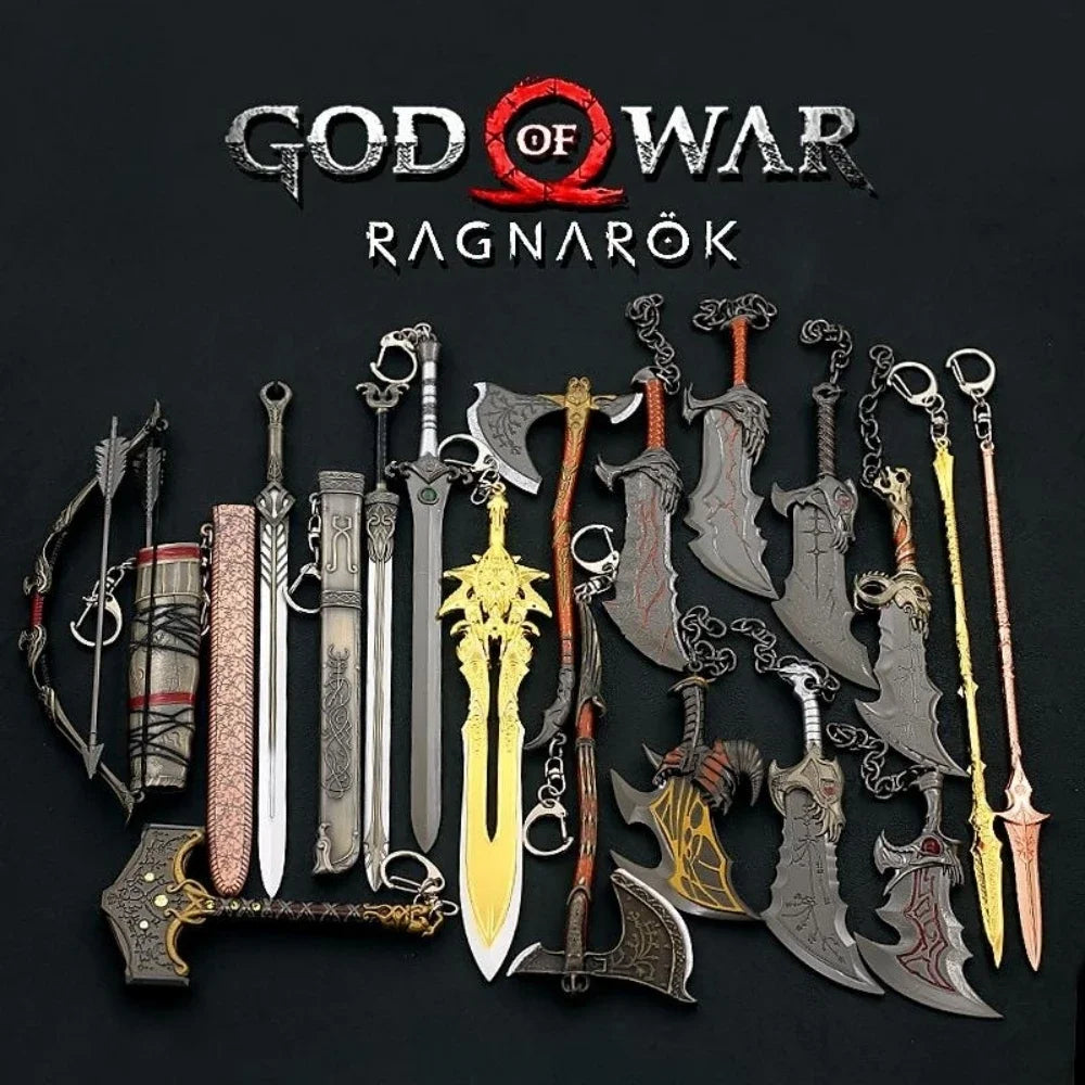 A collection of metal swords and knives, including a large blade and various smaller weapons, displayed against a black backg
