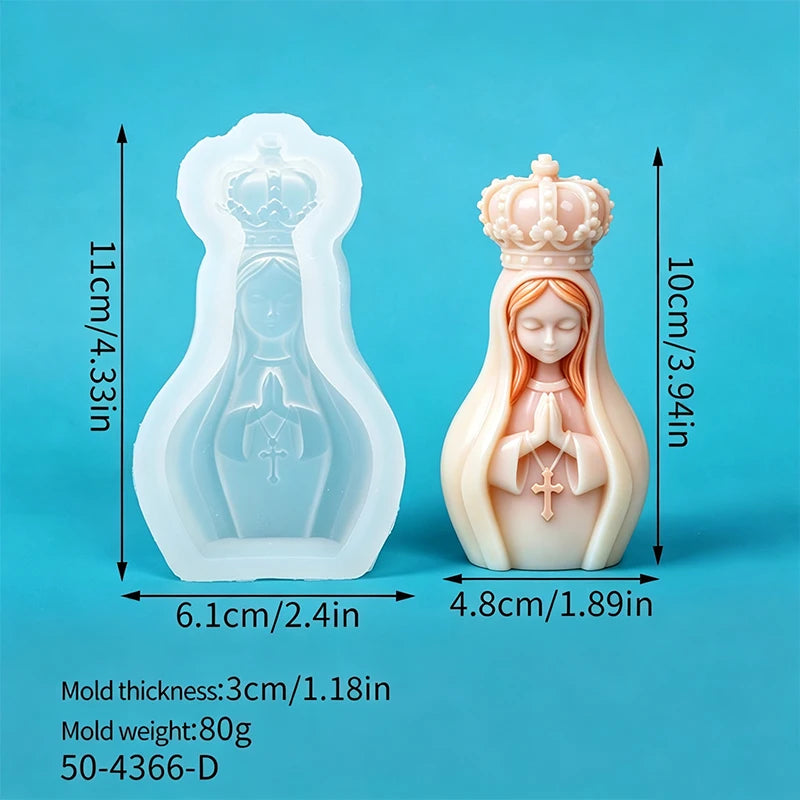 A white silicone mold of a praying girl with a crown is shown next to its measurement lines.