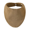 A round, olive green organic cotton muslin baby bib with an absorbent band around the neck.