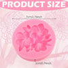 Moule en silicone rose avec un motif floral montrant les dimensions du produit.
