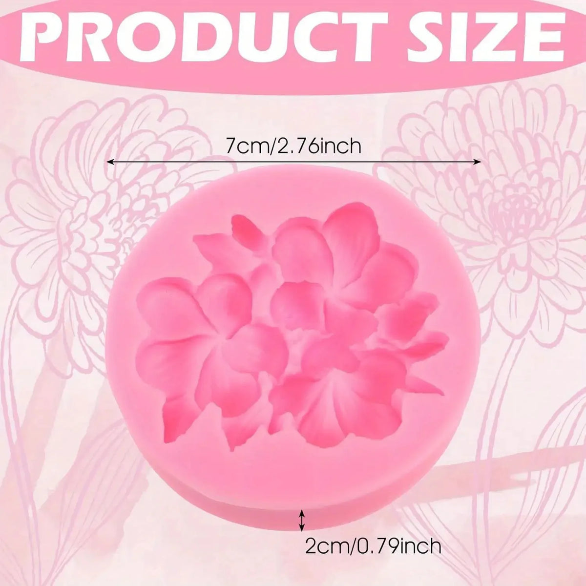Moule en silicone rose avec un motif floral montrant les dimensions du produit.