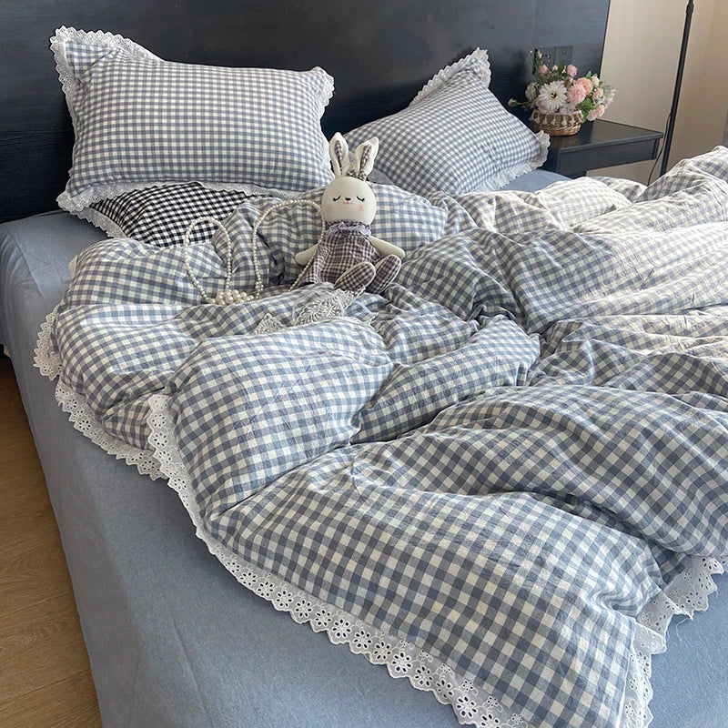 Lace Trim Plaid Duvet Cover Set with Pillowcases