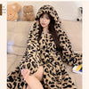 Women's Leopard Print Hooded Flannel Bathrobe