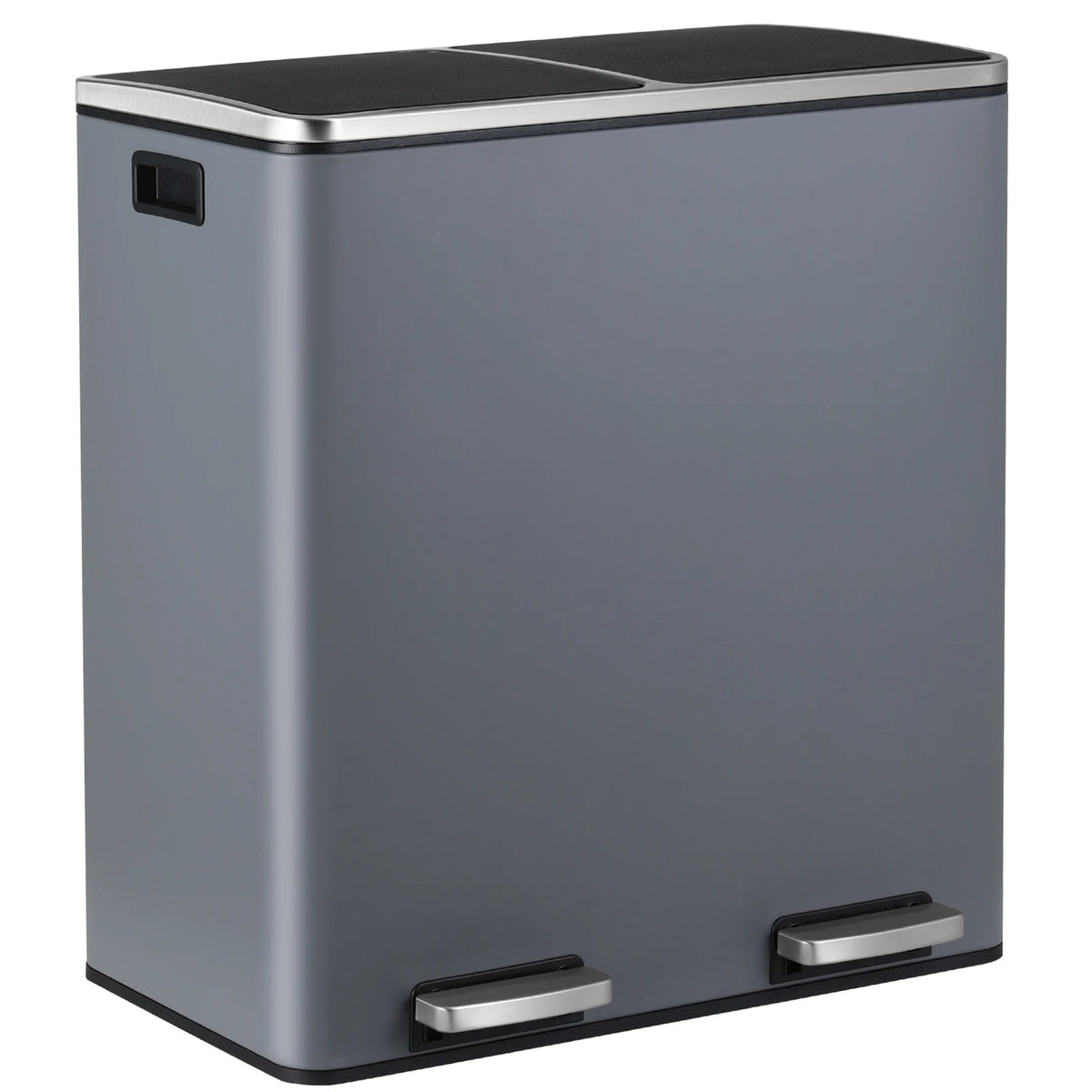 A modern gray dual compartment recycling trash can with a soft-close lid.