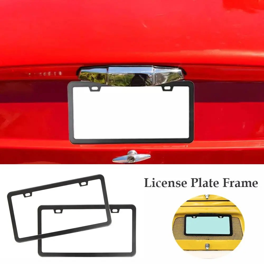 A set of two black license plate frames for a rustproof stainless steel license plate.