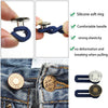 Étireurs de taille ajustables pour jeans avec des anneaux en silicone et une poignée confortable, montrés sur du denim.