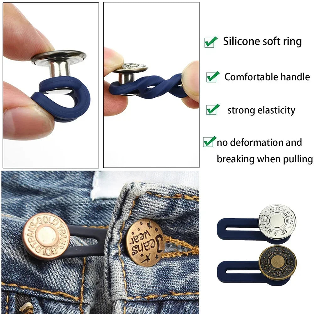 Étireurs de taille ajustables pour jeans avec des anneaux en silicone et une poignée confortable, montrés sur du denim.