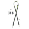 A black leather shoulder strap with a silver clasp and adjustable length is shown against a white background.