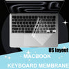 A close-up view of a clear silicone keyboard membrane cover placed on a silver MacBook keyboard.