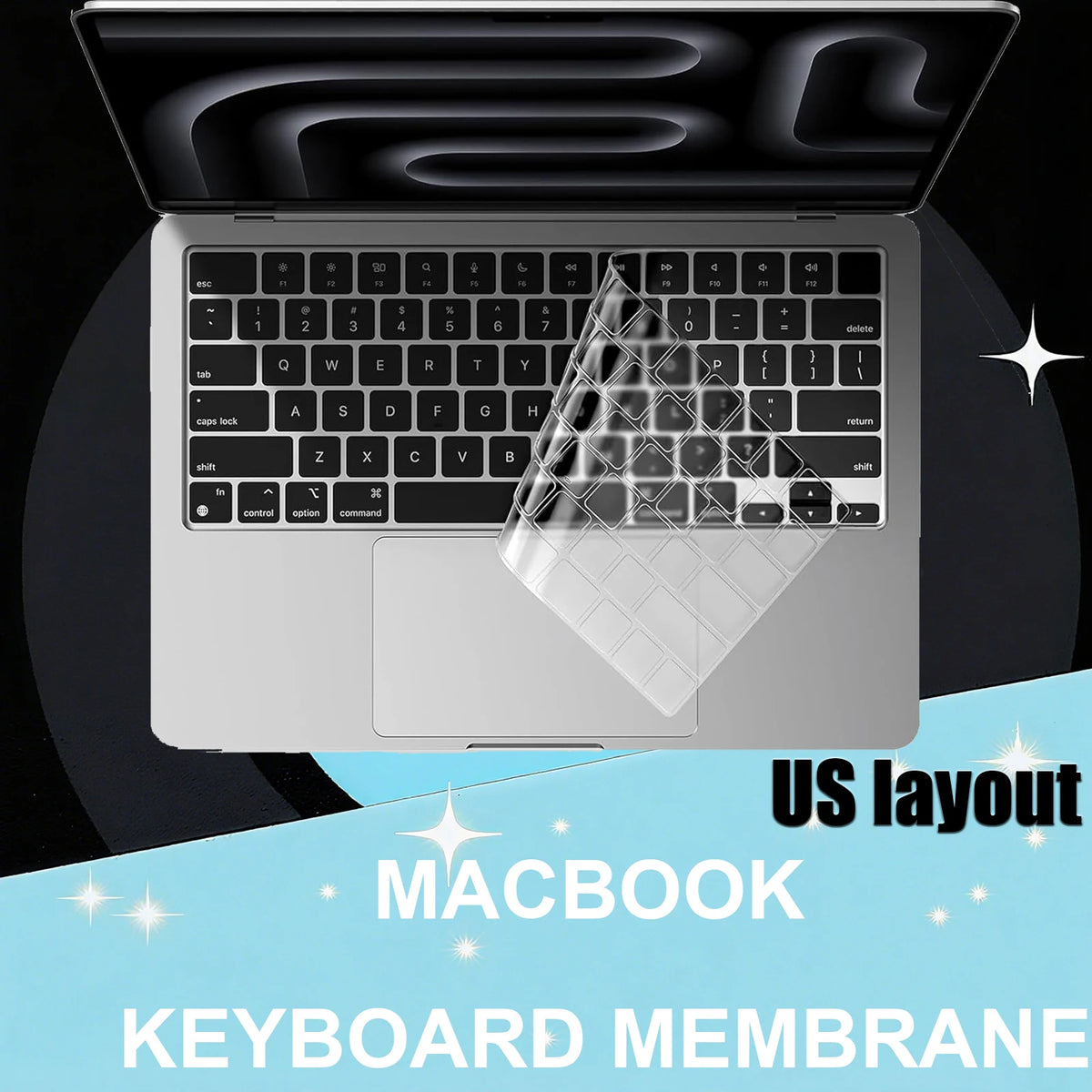 A close-up view of a clear silicone keyboard membrane cover placed on a silver MacBook keyboard.