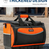 An orange and black heavy duty oxford cloth tool bag with a molded base sitting on dirt ground.