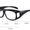 Black ergonomic reading magnifying glasses shown with dimensions and a height measurement.