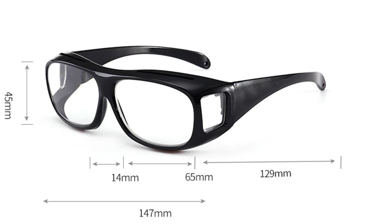 Black ergonomic reading magnifying glasses shown with dimensions and a height measurement.