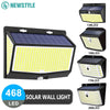 A black solar wall light fixture with a yellow LED panel, showing various lighting options and specifications.