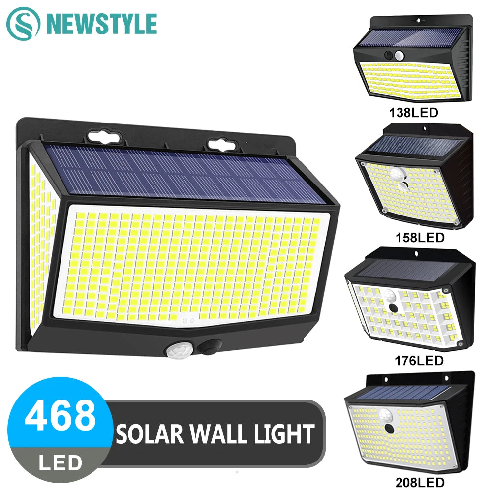 A black solar wall light fixture with a yellow LED panel, showing various lighting options and specifications.