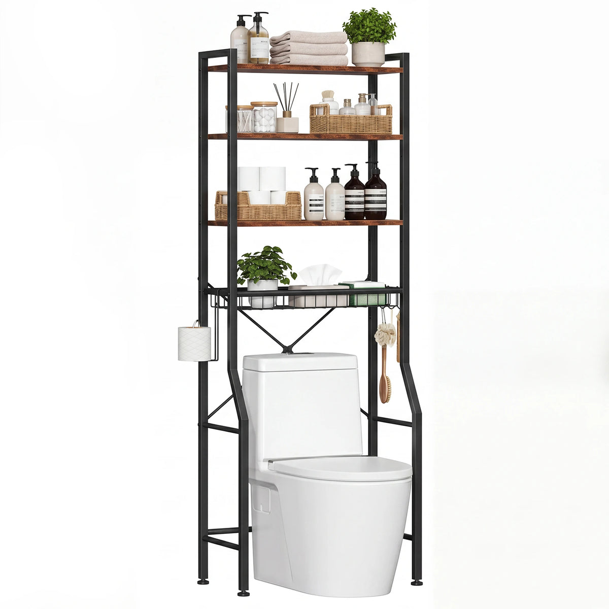 A black over-the-toilet storage rack with four shelves, baskets, and hooks placed next to a white toilet.