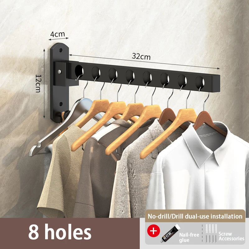 Black wall-mounted clothes drying rack with 8 holes for hanging clothes