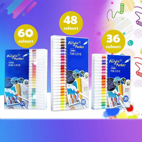 A set of professional acrylic paint markers showing various colors and quantities, including 60, 48, and 36 color options.