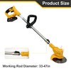 Yellow and silver cordless grass trimmer and edger tool with a working rod diameter of 33-47 inches