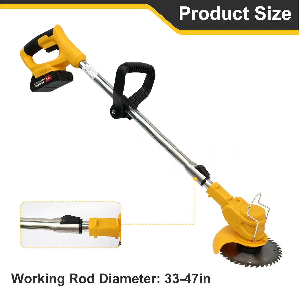Yellow and silver cordless grass trimmer and edger tool with a working rod diameter of 33-47 inches