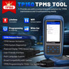 A blue XTOOL TP150 tool for TPMS maintenance and diagnostics is shown with various accessories.