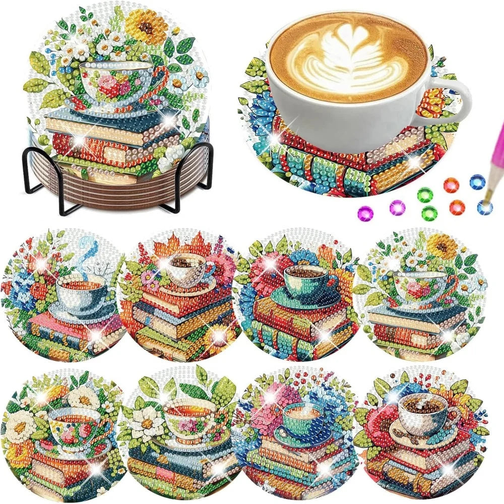DIY Diamond Art Coaster Set with Holder – 8 Acrylic Coasters for Home Decor and Gifting