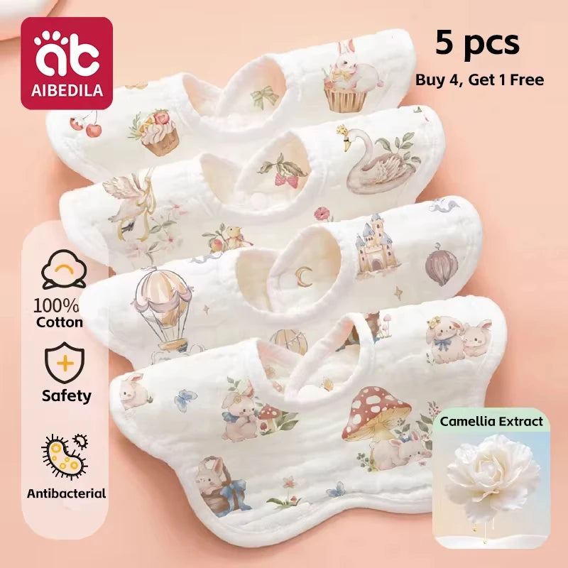 A set of five white soft cotton muslin bandana bibs for babies with floral and animal prints.
