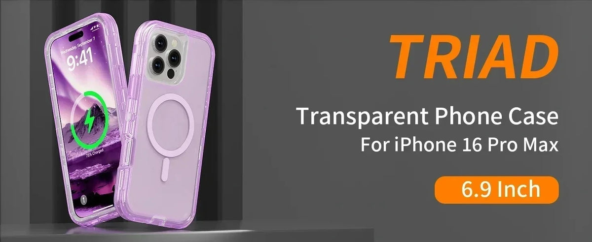 Transparent TRIAD phone case for iPhone 16 Pro Max in light purple color.
