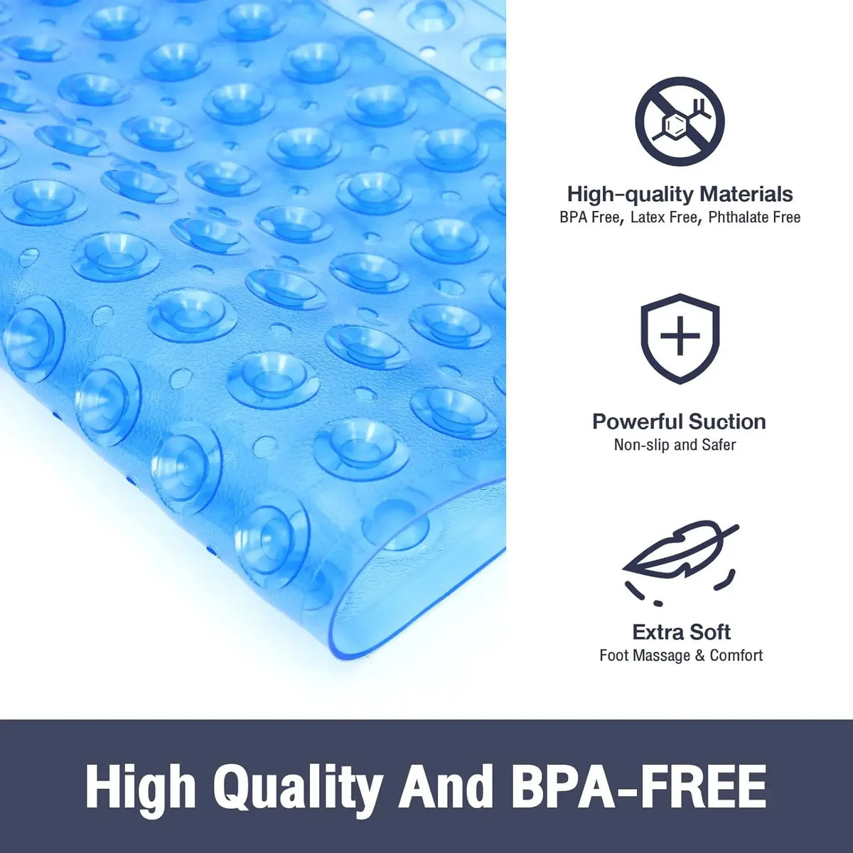 Blue non-slip shower mat with suction cups for bathtub and bathroom floor