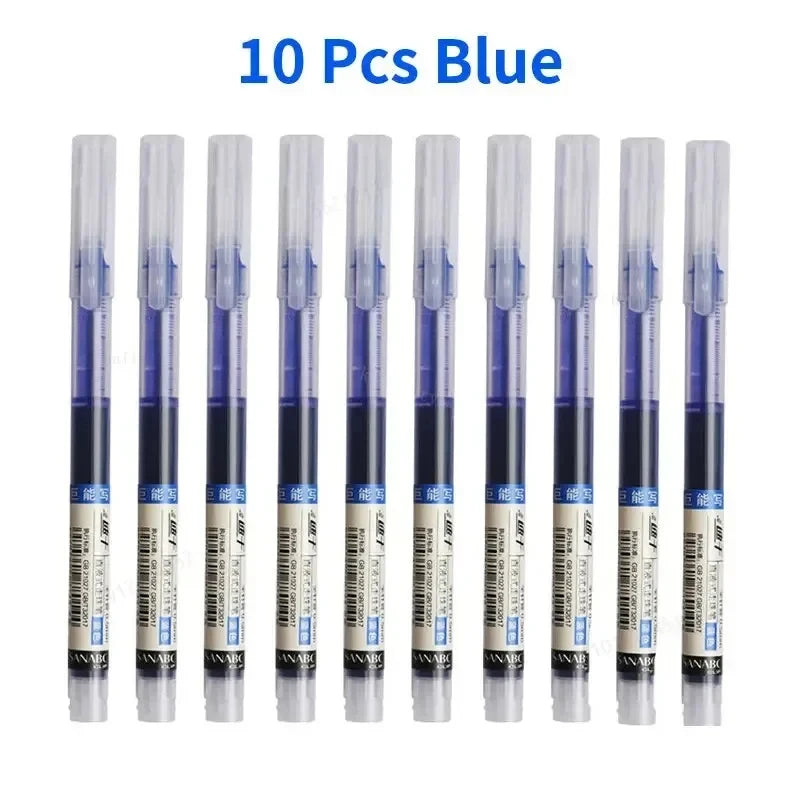 Ten blue color gel pens with fine point tips are displayed in a row.