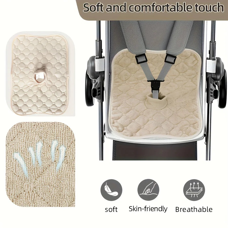 A soft and comfortable quilted baby seat pad for strollers and car seats shown with features like being soft, skin-friendly, 