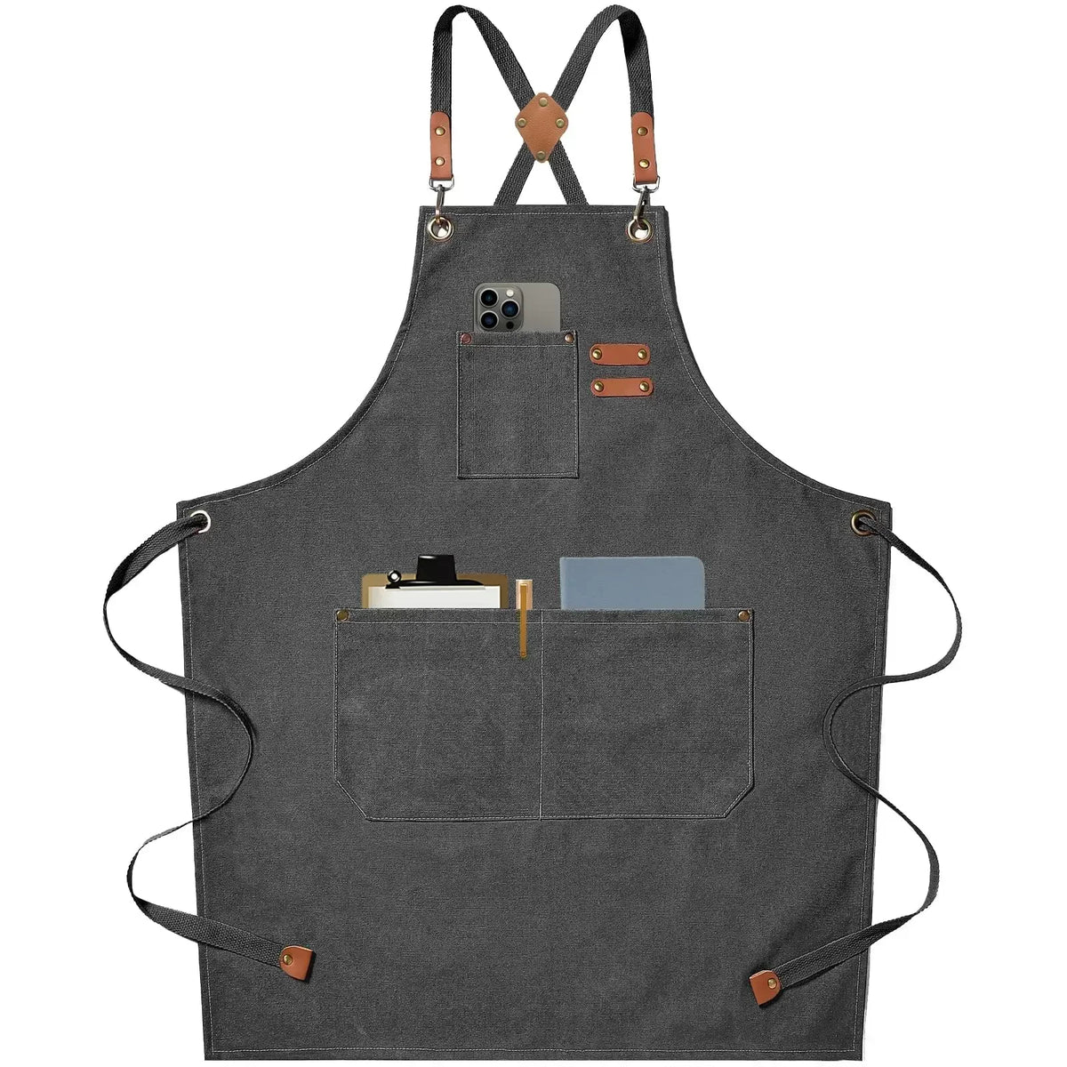 A dark gray cotton canvas apron with cross-back straps and multiple pockets.