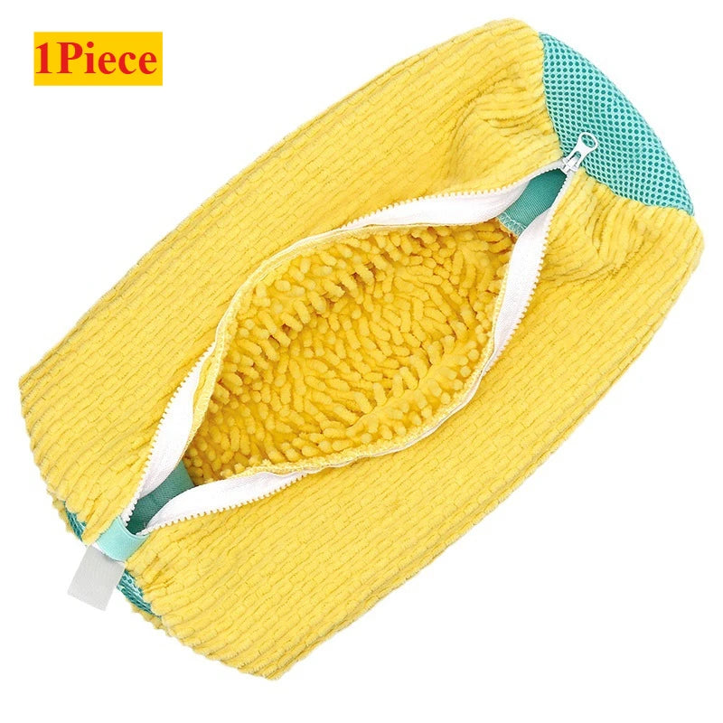 Yellow and teal shoe washing machine bag with a soft bristled cleaning brush set