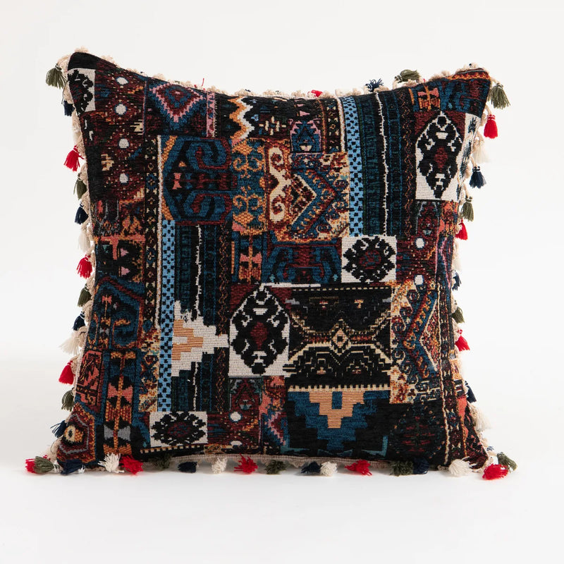 Boho Leaf-Print Tassel Throw Pillow Cover