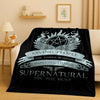 Black flannel throw blanket featuring a graphic design with the text Saving People The Family Business Hunting Things Superna