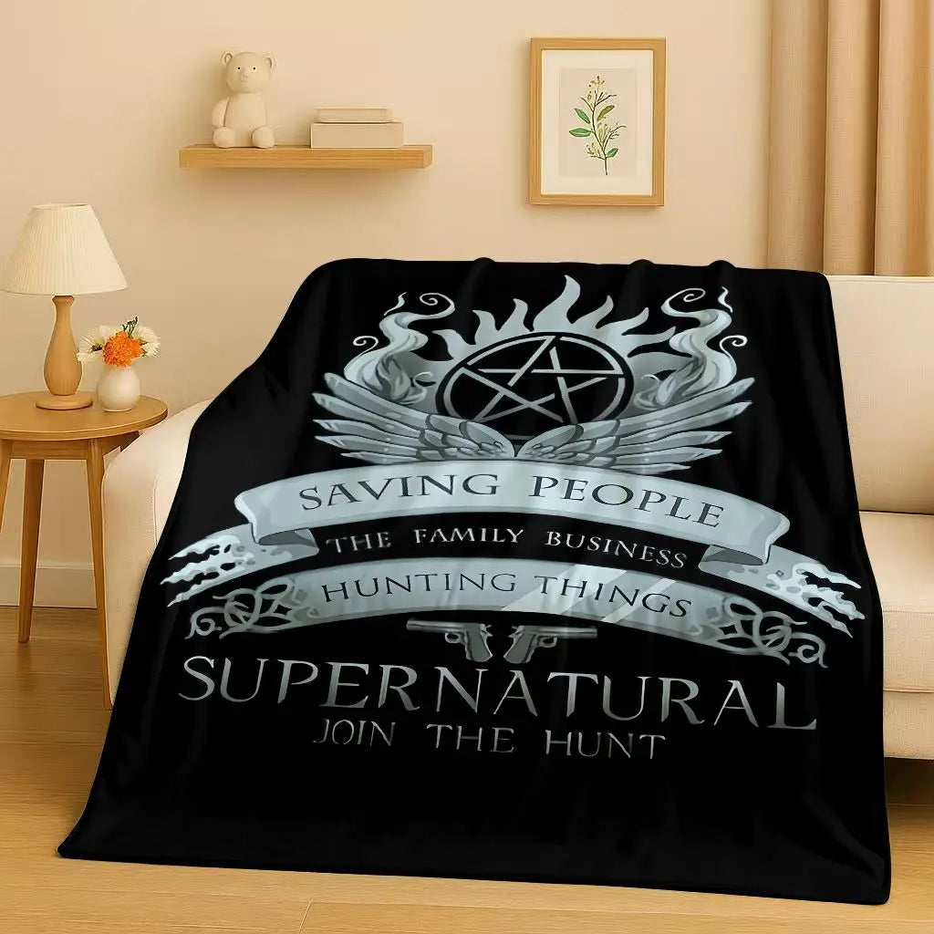 Black flannel throw blanket featuring a graphic design with the text Saving People The Family Business Hunting Things Superna