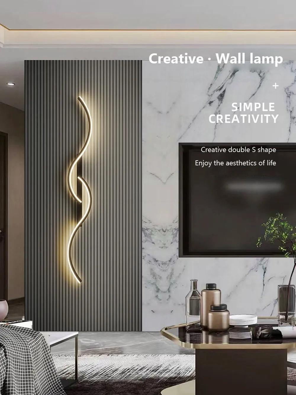 A modern minimalist LED wall lamp with a double S shape is mounted on a textured gray wall in a bright interior.