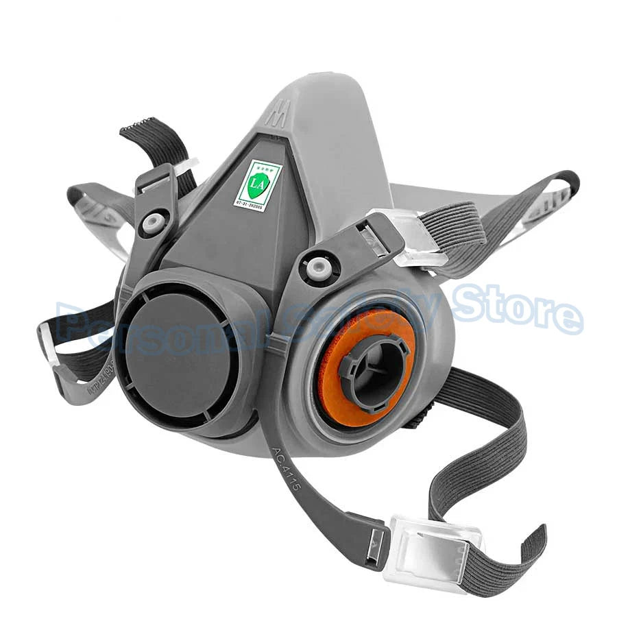 Gray half face respirator mask with anti-fog safety goggles and elastic strap