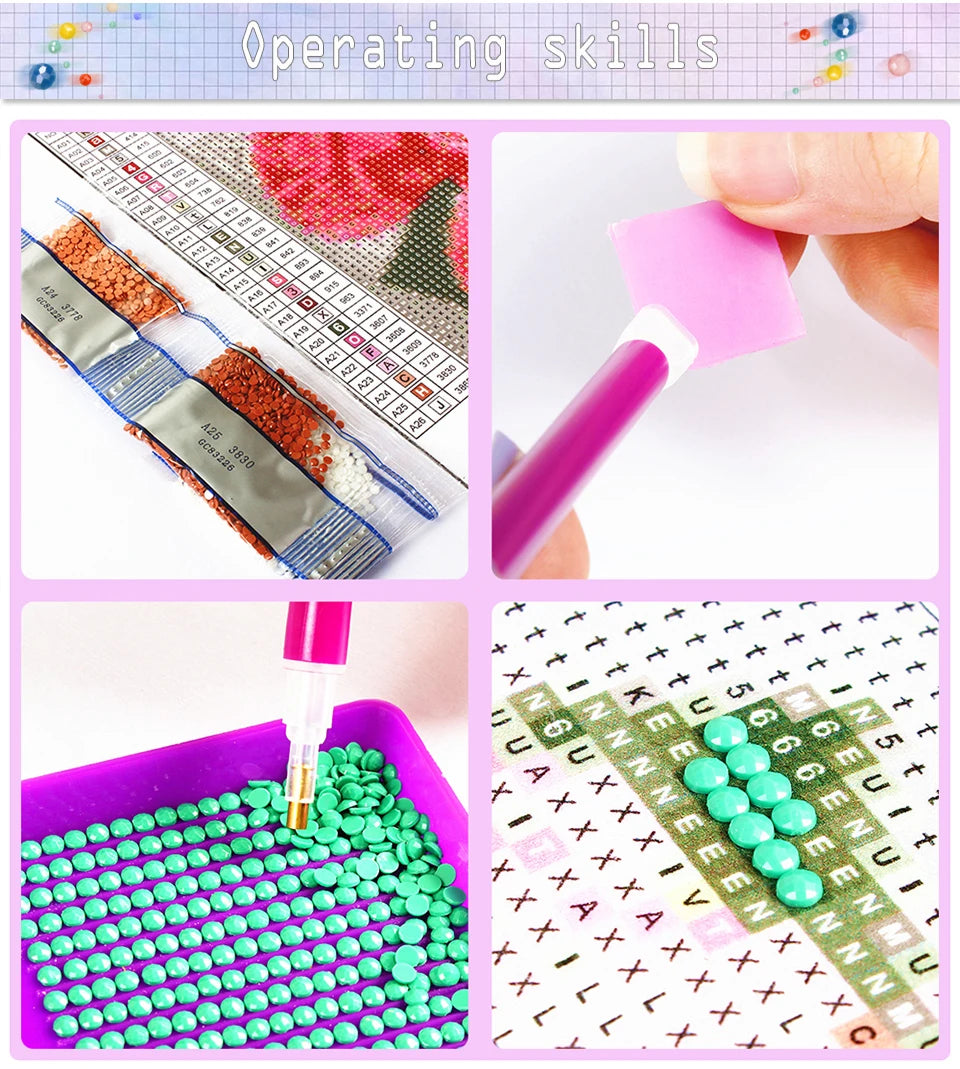 A floral diamond painting kit showing various colored beads and a pink tool for working on a grid.