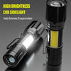 A high brightness COB sidelight flashlight with a yellow light beam illuminating a dark surface.