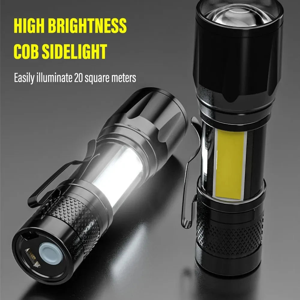 A high brightness COB sidelight flashlight with a yellow light beam illuminating a dark surface.
