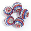 A set of five resin rhinestone beads with a two-tone red and blue striped design.
