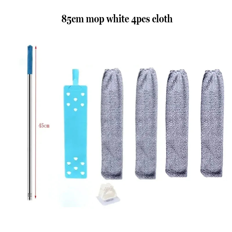 Set of four 85cm mop white cloths and a telescopic duster brush for cleaning