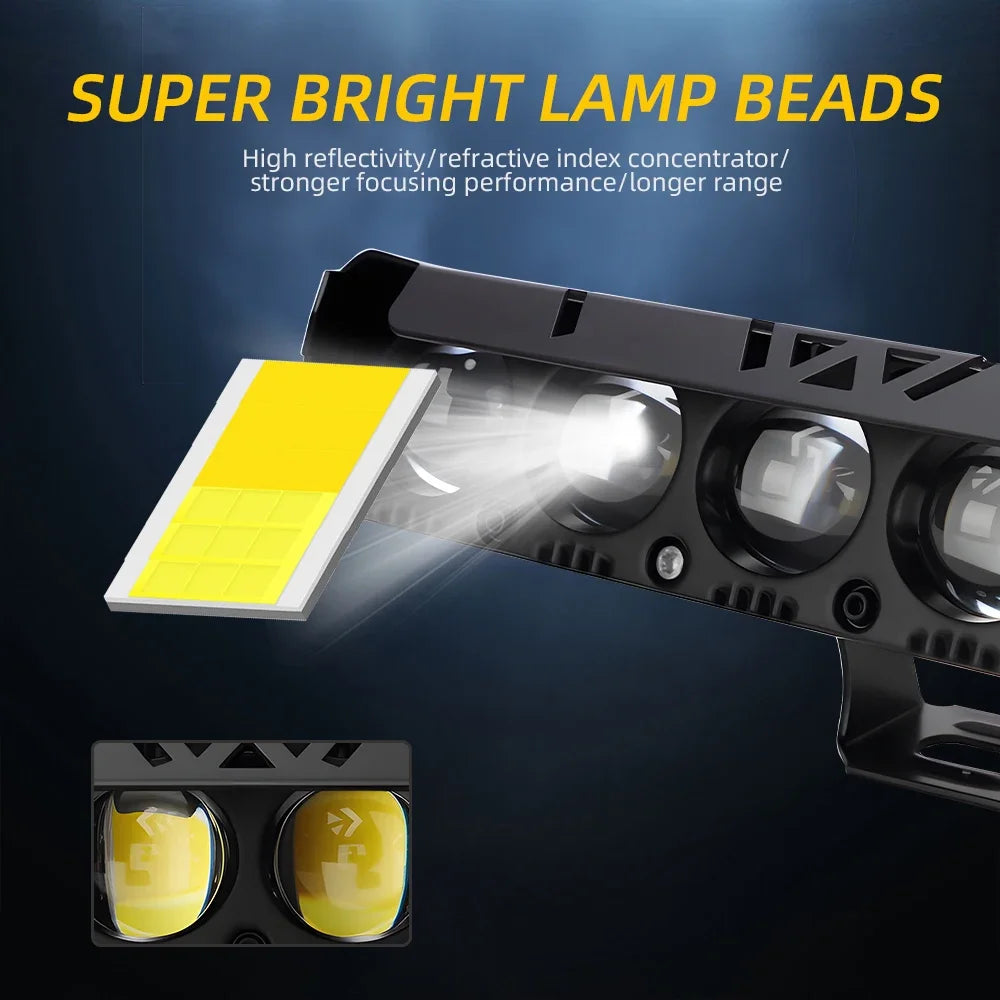A close-up view of super bright lamp beads and a high-intensity LED spotlight headlight for off-road vehicles.